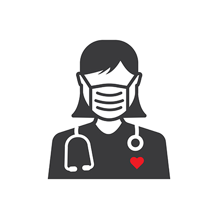 An illustration of a nurse who is wearing a facemask and has a stethoscope around her neck. She is black and white.